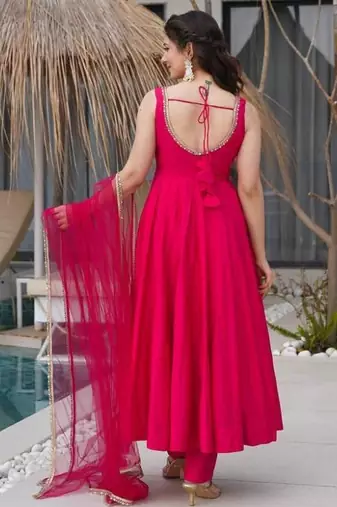 Pink color roman silk chanderi solid -mirror lace work anarkali set full stitched.