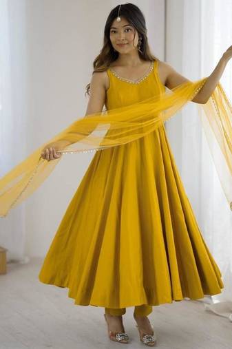 Yellow color roman silk chanderi solid -mirror lace work anarkali set full stitched.