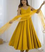 Yellow color roman silk chanderi solid -mirror lace work anarkali set full stitched.