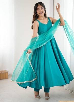Rama color roman silk chanderi solid -mirror lace work anarkali set full stitched 3