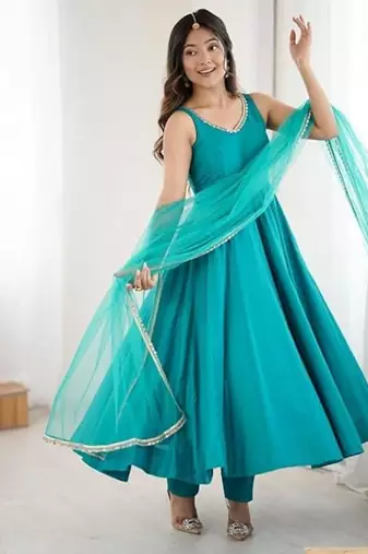 Rama color roman silk chanderi solid -mirror lace work anarkali set full stitched.