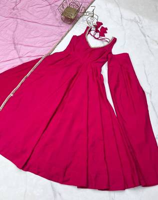 Pink roman silk chanderi solid -mirror lace work anarkali set full stitched 5
