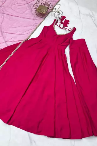 Pink color roman silk chanderi solid -mirror lace work anarkali set full stitched.