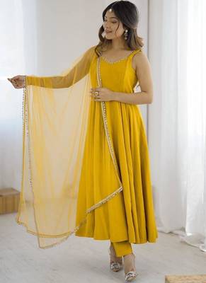 Yellow color roman silk chanderi solid -mirror lace work anarkali set full stitched 2
