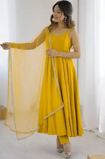 Yellow color roman silk chanderi solid -mirror lace work anarkali set full stitched.