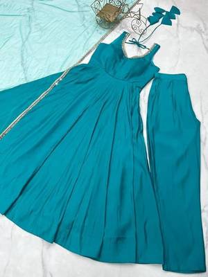 Rama color roman silk chanderi solid -mirror lace work anarkali set full stitched 5
