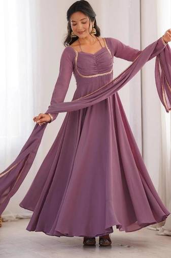 Mouvpink color faux georgette flared gown dupatta full stitched.