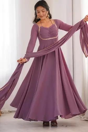 Mouvpink color faux georgette flared gown dupatta full stitched.