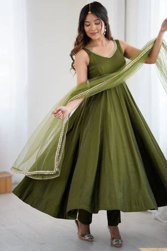 Mehendi color roman silk chanderi solid -mirror lace work anarkali set full stitched.