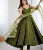 Mehendi color roman silk chanderi solid -mirror lace work anarkali set full stitched.