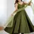 Mehendi color roman silk chanderi solid -mirror lace work anarkali set full stitched.