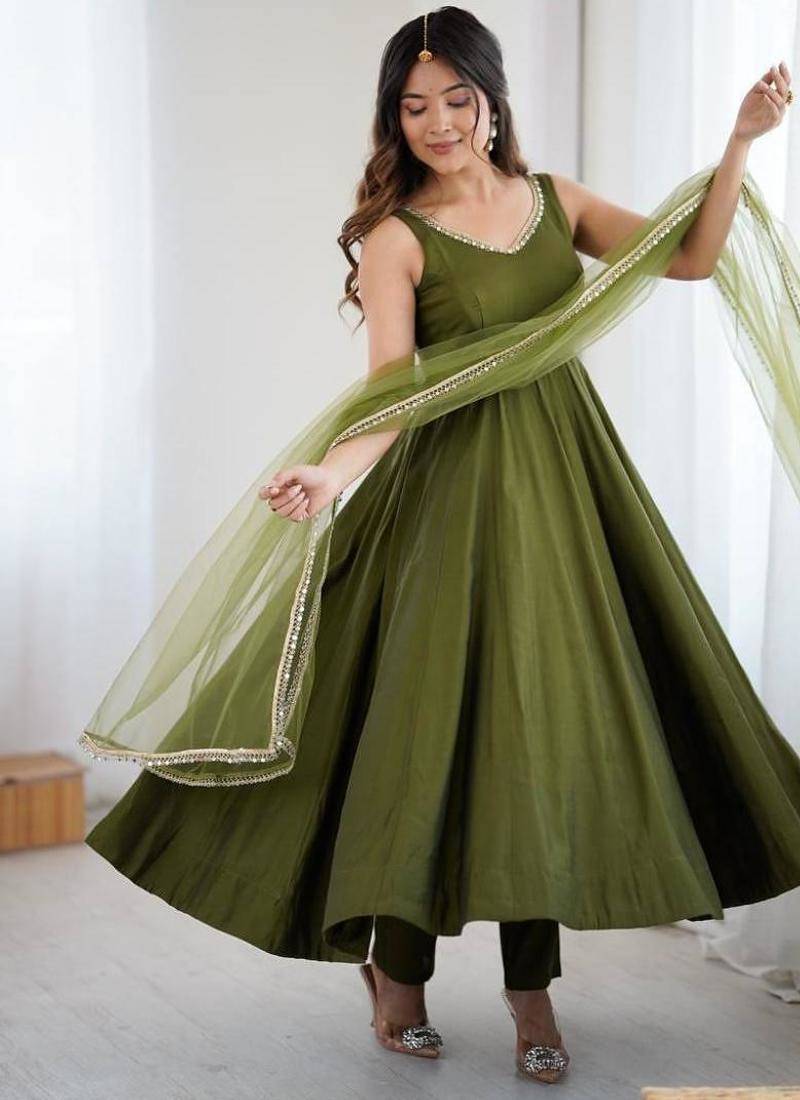 Mehendi color roman silk chanderi solid -mirror lace work anarkali set full stitched.