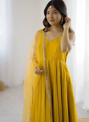 Yellow color roman silk chanderi solid -mirror lace work anarkali set full stitched 4