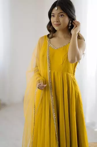 Yellow color roman silk chanderi solid -mirror lace work anarkali set full stitched.