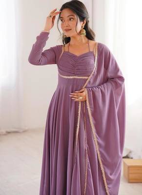 Mouvpink color faux georgette flared gown dupatta full stitched 2