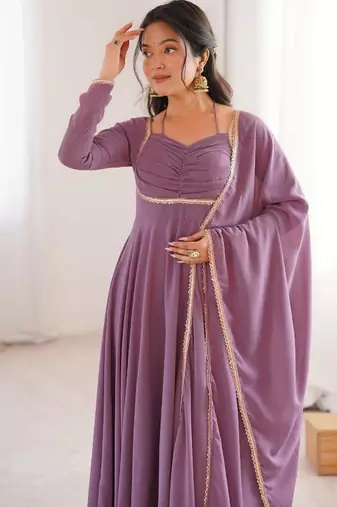 Mouvpink color faux georgette flared gown dupatta full stitched.