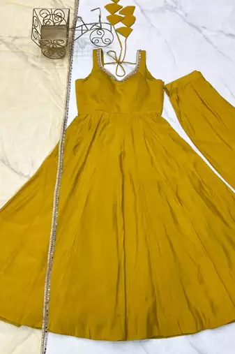 Yellow color roman silk chanderi solid -mirror lace work anarkali set full stitched.