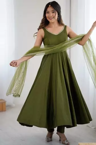Mehendi color roman silk chanderi solid -mirror lace work anarkali set full stitched.