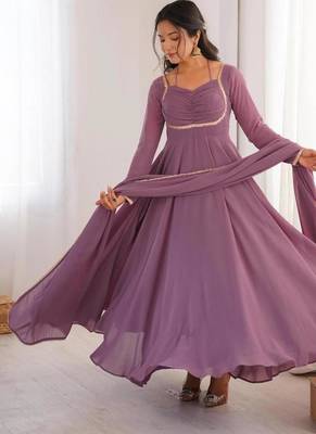 Mouvpink color faux georgette flared gown dupatta full stitched 3