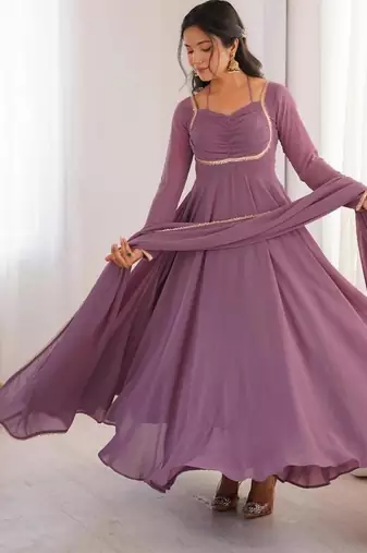 Mouvpink color faux georgette flared gown dupatta full stitched.