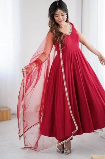 Maroon color roman silk chanderi solid -mirror lace work anarkali set full stitched.
