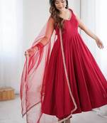 Maroon color roman silk chanderi solid -mirror lace work anarkali set full stitched.