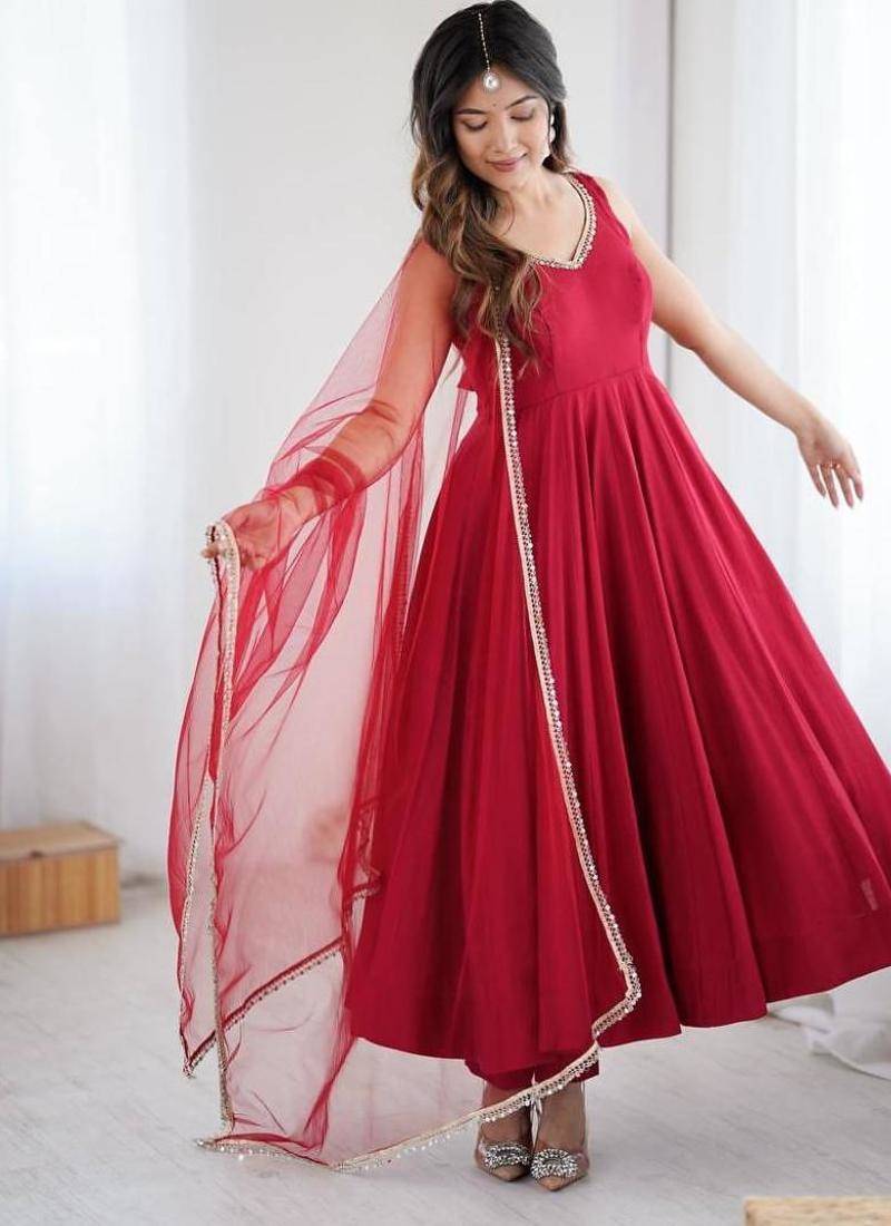 Maroon color roman silk chanderi solid -mirror lace work anarkali set full stitched.