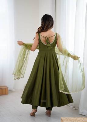 Mehendi color roman silk chanderi solid -mirror lace work anarkali set full stitched 3