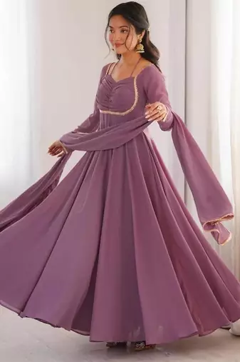 Mouvpink color faux georgette flared gown dupatta full stitched.