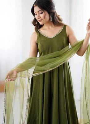 Mehendi color roman silk chanderi solid -mirror lace work anarkali set full stitched 4