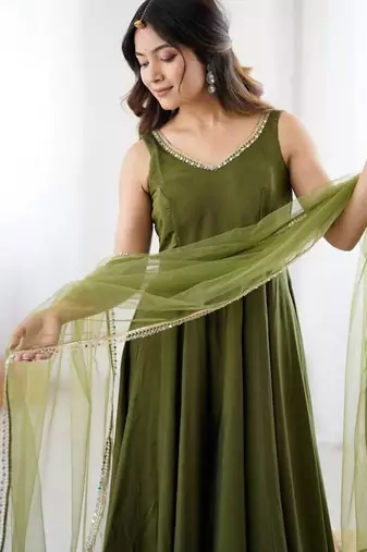 Mehendi color roman silk chanderi solid -mirror lace work anarkali set full stitched.