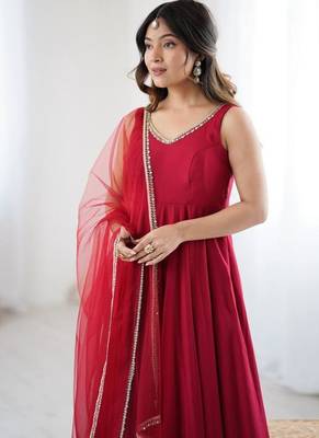 Maroon color roman silk chanderi solid -mirror lace work anarkali set full stitched 2