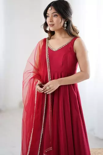 Maroon color roman silk chanderi solid -mirror lace work anarkali set full stitched.