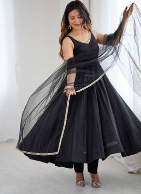 Black color roman silk chanderi solid -mirror lace work anarkali set full stitched 1