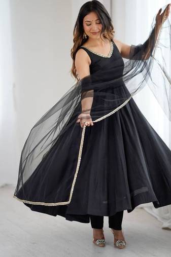 Black color roman silk chanderi solid -mirror lace work anarkali set full stitched.