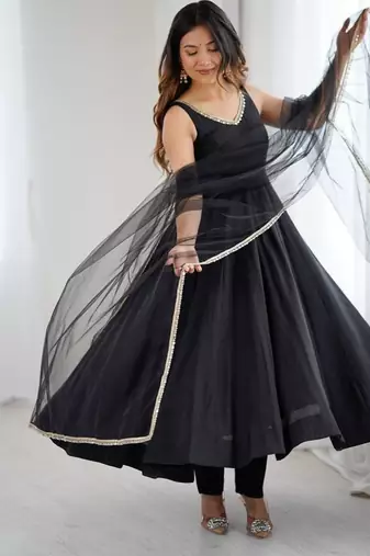 Black color roman silk chanderi solid -mirror lace work anarkali set full stitched.