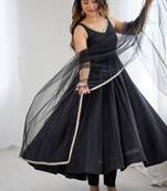 Black color roman silk chanderi solid -mirror lace work anarkali set full stitched.