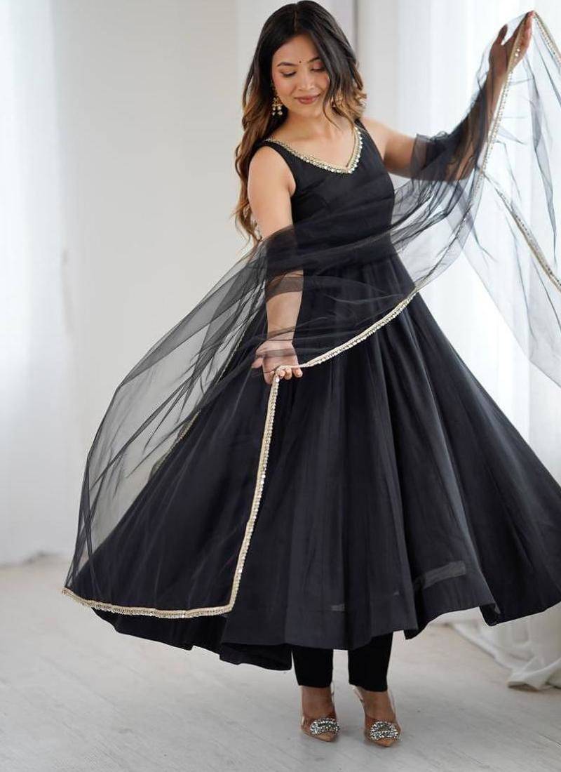 Black color roman silk chanderi solid -mirror lace work anarkali set full stitched.
