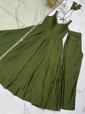 Mehendi color roman silk chanderi solid -mirror lace work anarkali set full stitched 5