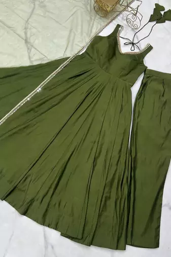 Mehendi color roman silk chanderi solid -mirror lace work anarkali set full stitched.