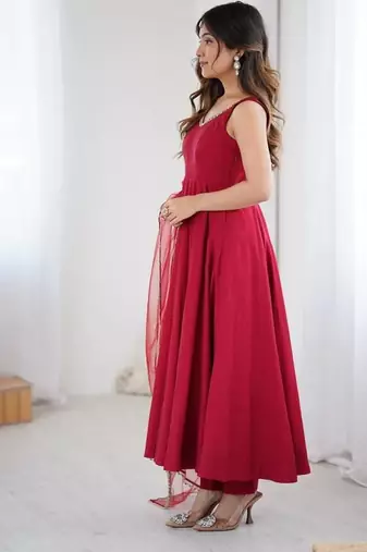 Maroon color roman silk chanderi solid -mirror lace work anarkali set full stitched.