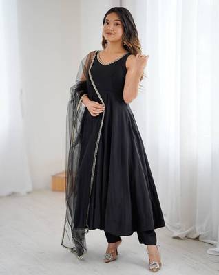 Black color roman silk chanderi solid -mirror lace work anarkali set full stitched 2