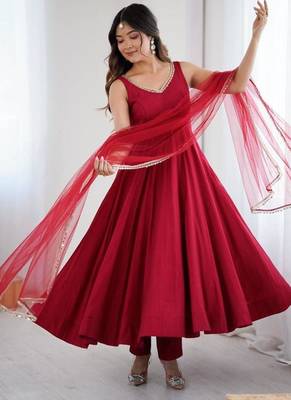 Maroon color roman silk chanderi solid -mirror lace work anarkali set full stitched 4