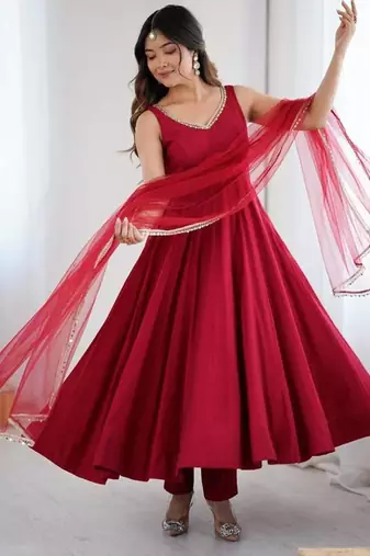 Maroon color roman silk chanderi solid -mirror lace work anarkali set full stitched.