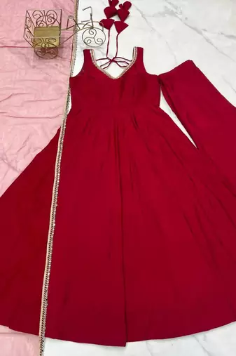 Maroon color roman silk chanderi solid -mirror lace work anarkali set full stitched.