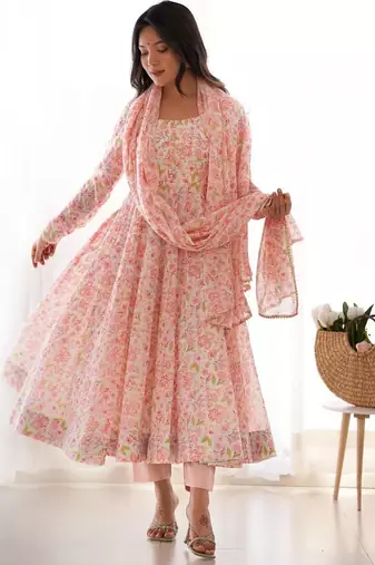 Light pink color flower printed orgenza silk anarkali set full stitched.