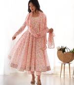 Light pink color flower printed orgenza silk anarkali set full stitched.