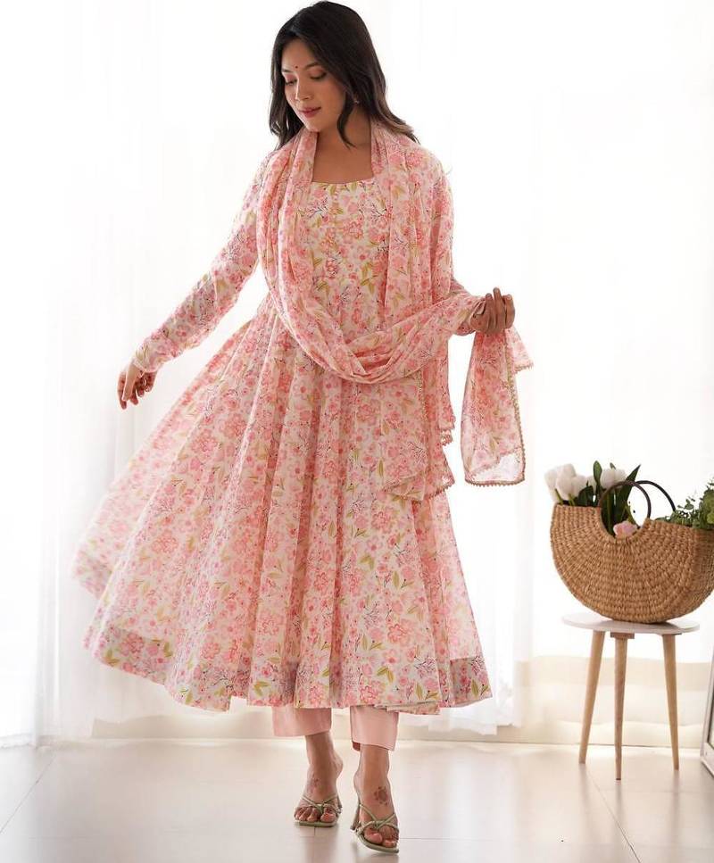 Light pink color flower printed orgenza silk anarkali set full stitched.