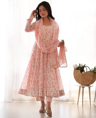 Light pink flower printed orgenza silk anarkali set full stitched 2