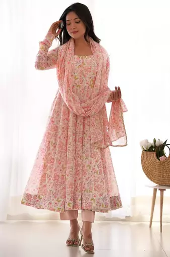 Light pink color flower printed orgenza silk anarkali set full stitched.